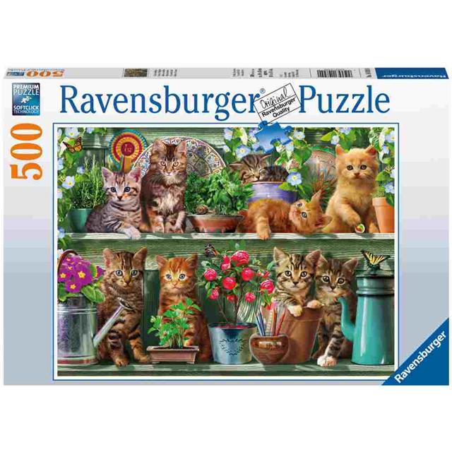 Ravensburger sestavljanka Mucki na polici med rožami 500d